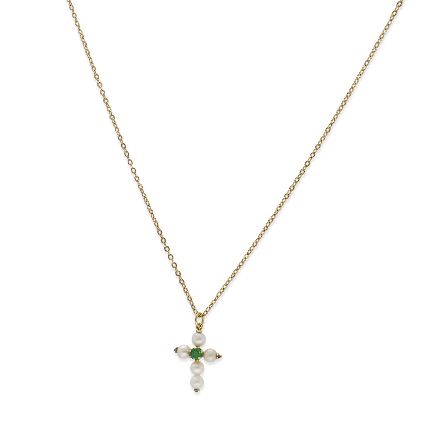 Collar con Colgante "Mi Primera Comunión" en Oro 18k con Perlas y Esmeralda Diseño de Cruz