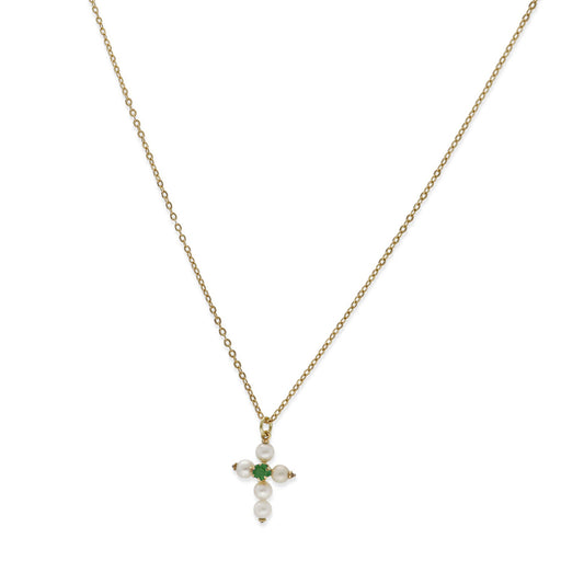 Collar con Colgante "Mi Primera Comunión" en Oro 18k con Perlas y Esmeralda Diseño de Cruz