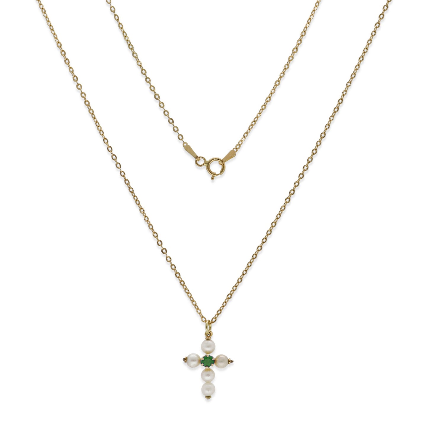 Collar con Colgante "Mi Primera Comunión" en Oro 18k con Perlas y Esmeralda Diseño de Cruz