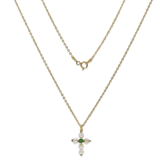 Collar con Colgante "Mi Primera Comunión" en Oro 18k con Perlas y Esmeralda Diseño de Cruz