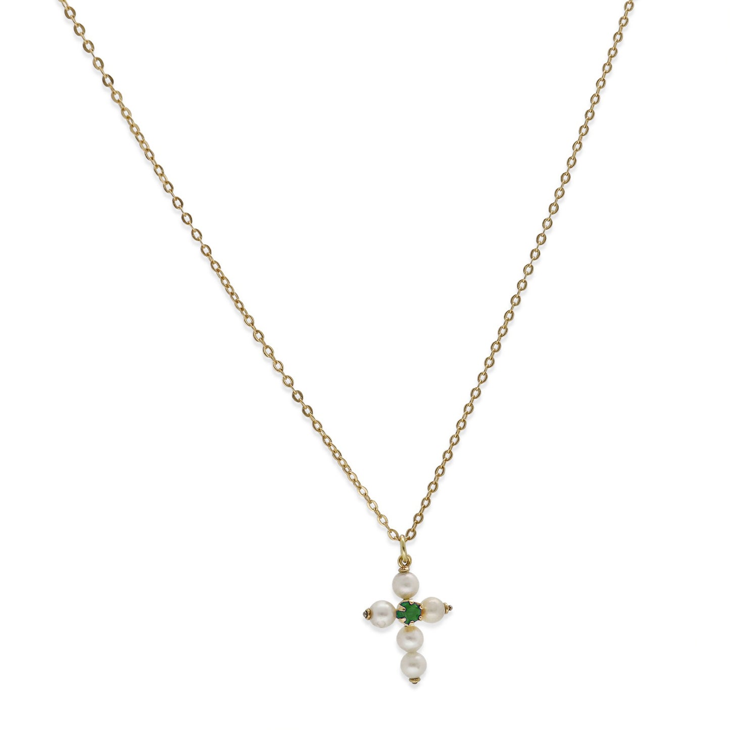 Collar con Colgante "Mi Primera Comunión" en Oro 18k con Perlas y Esmeralda Diseño de Cruz