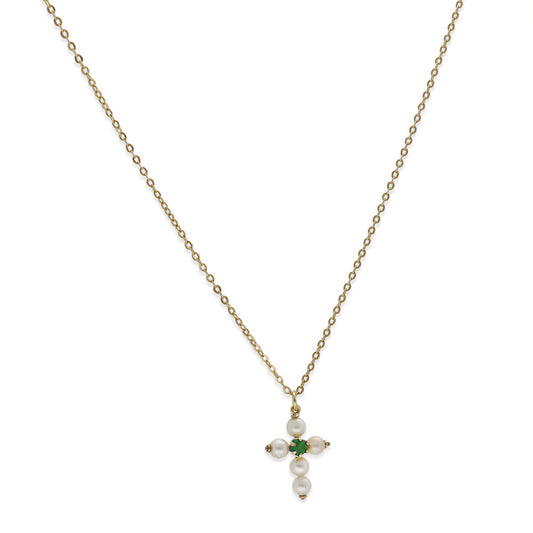 Collar con Colgante "Mi Primera Comunión" en Oro 18k con Perlas y Esmeralda Diseño de Cruz