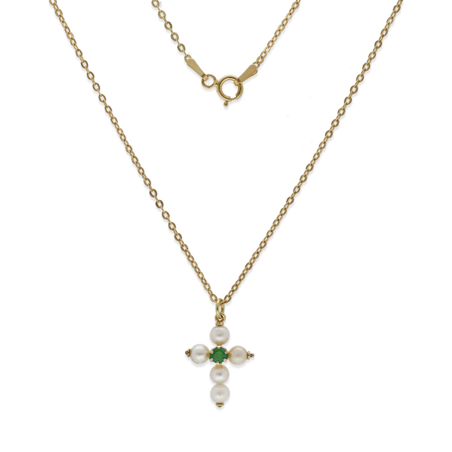 Collar con Colgante "Mi Primera Comunión" en Oro 18k con Perlas y Esmeralda Diseño de Cruz