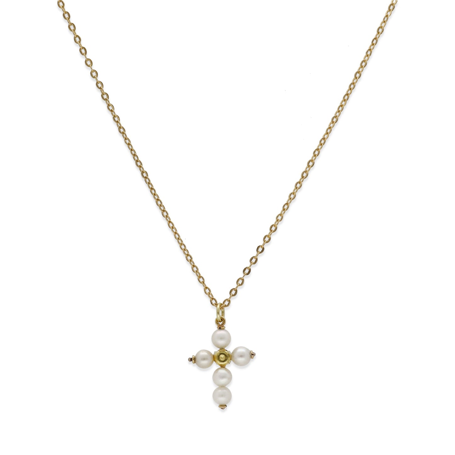 Collar con Colgante "Mi Primera Comunión" en Oro 18k con Perlas y Esmeralda Diseño de Cruz
