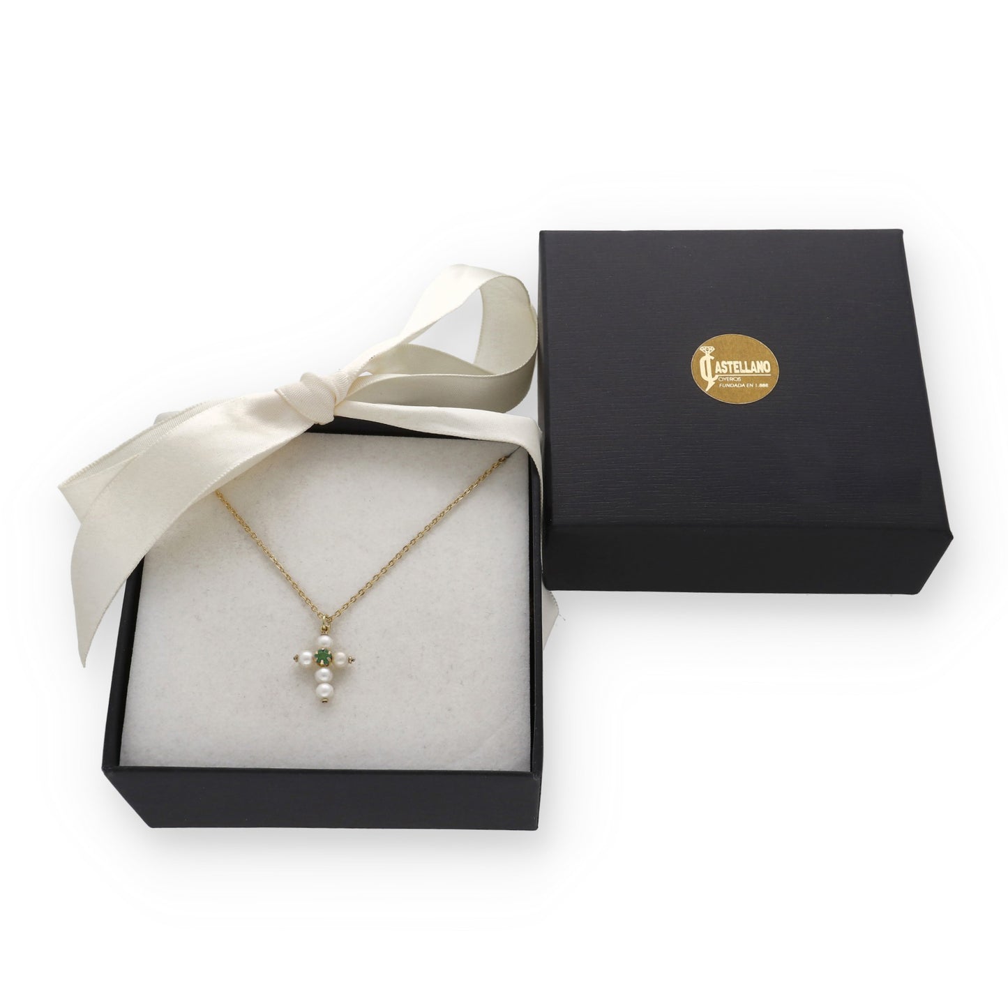 Collar con Colgante "Mi Primera Comunión" en Oro 18k con Perlas y Esmeralda Diseño de Cruz