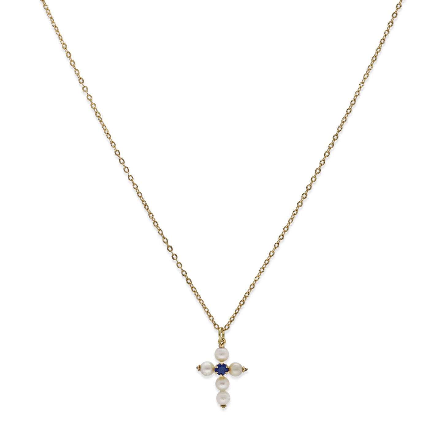 Collar con Colgante "Mi Primera Comunión" en Oro 18k con Perlas y Zafiro Diseño de Cruz
