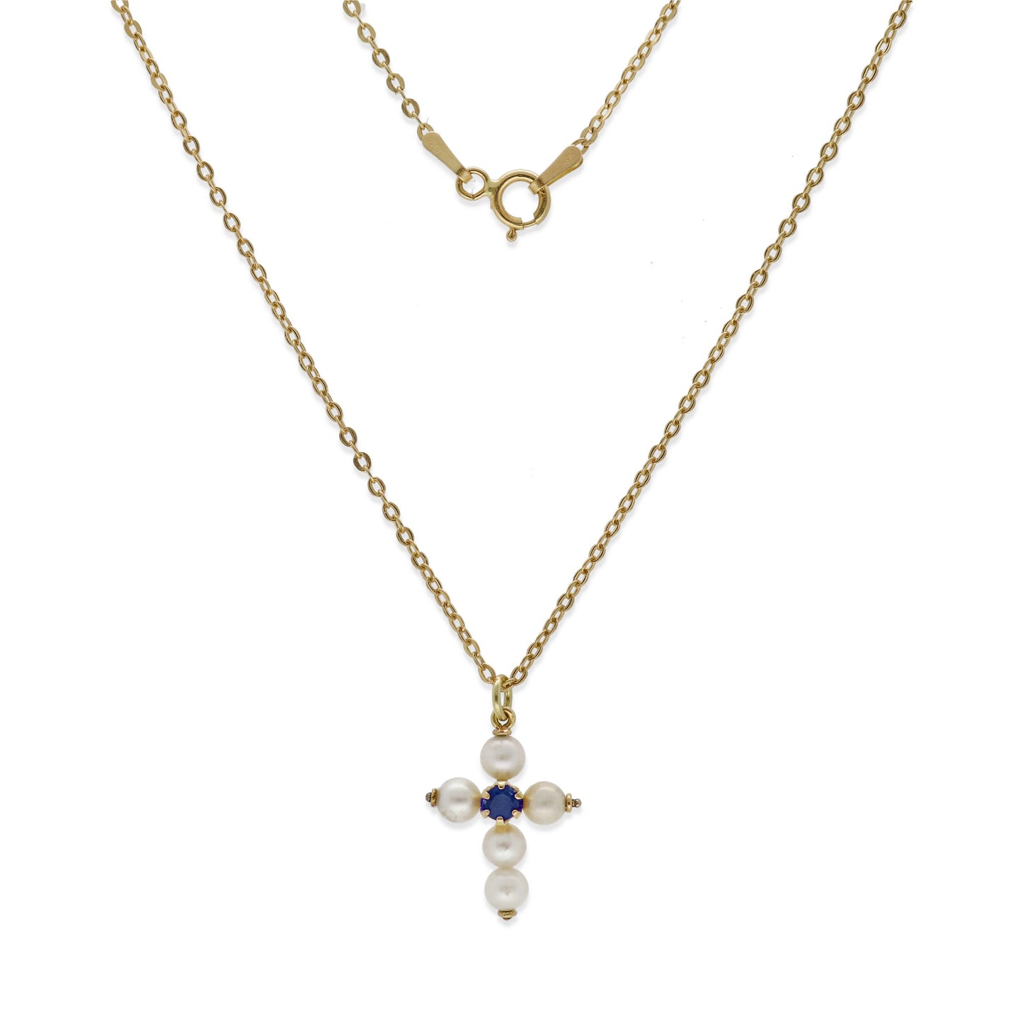 Collar con Colgante "Mi Primera Comunión" en Oro 18k con Perlas y Zafiro Diseño de Cruz
