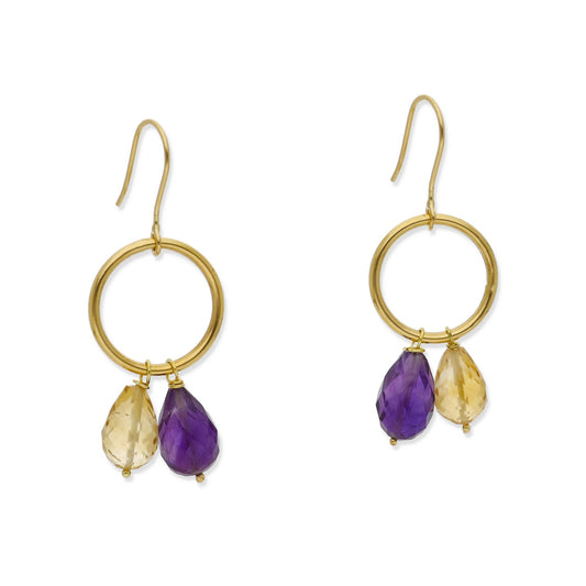Pendientes de Aro Lacus en Oro de 18K con Cuarzo Citrino y Amatista