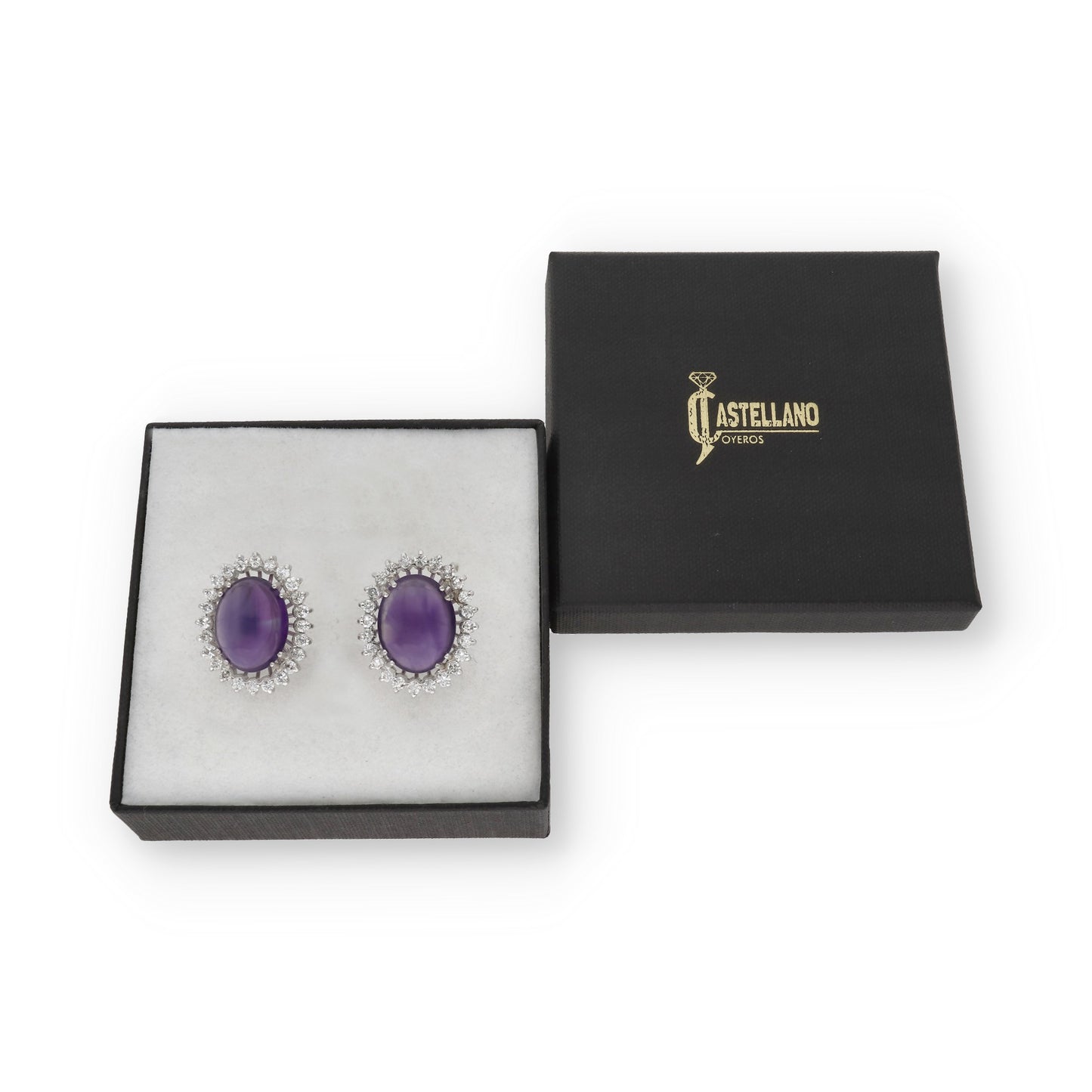 Pendientes Delia en Oro Blanco 18k con Amatistas Centrales y Diamantes