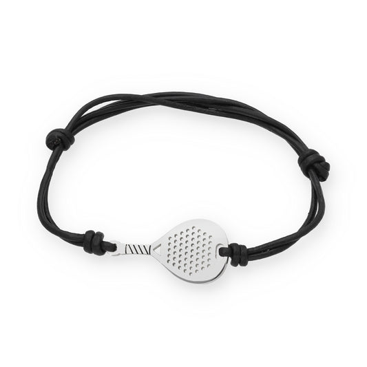 Pulsera Pala de Pádel en Plata de Ley 925 con Cuero Negro