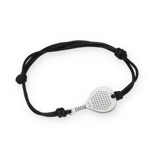 Pulsera Pala de Pádel en Plata de Ley 925 con Cuero Negro