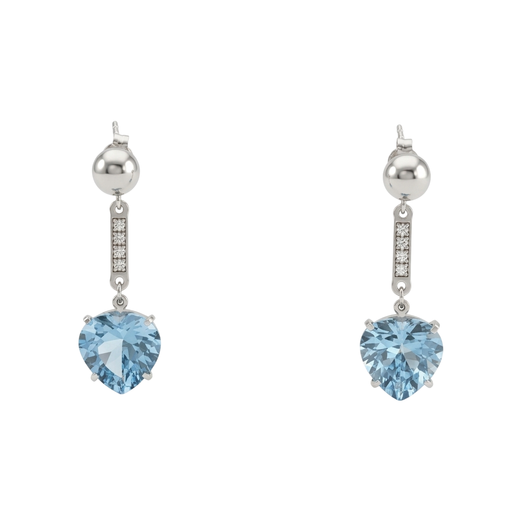 Pendientes Jerte en Oro Blanco 18K con Diamantes y Corazón de Topacio Azul