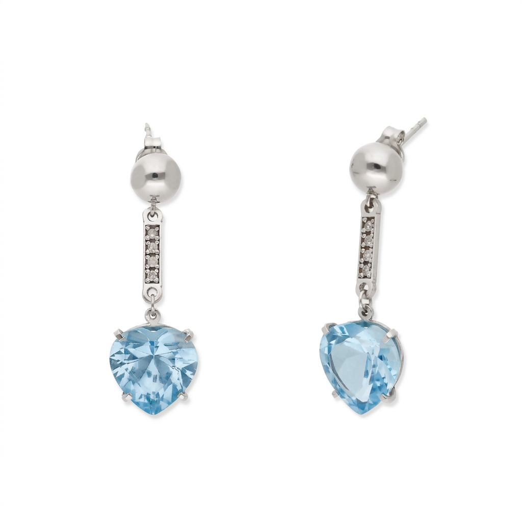 Pendientes Jerte en Oro Blanco 18K con Diamantes y Corazón de Topacio Azul