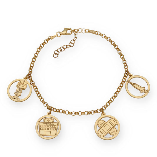Pulsera Charms de Enfermería en Plata Bañada en Oro 18K