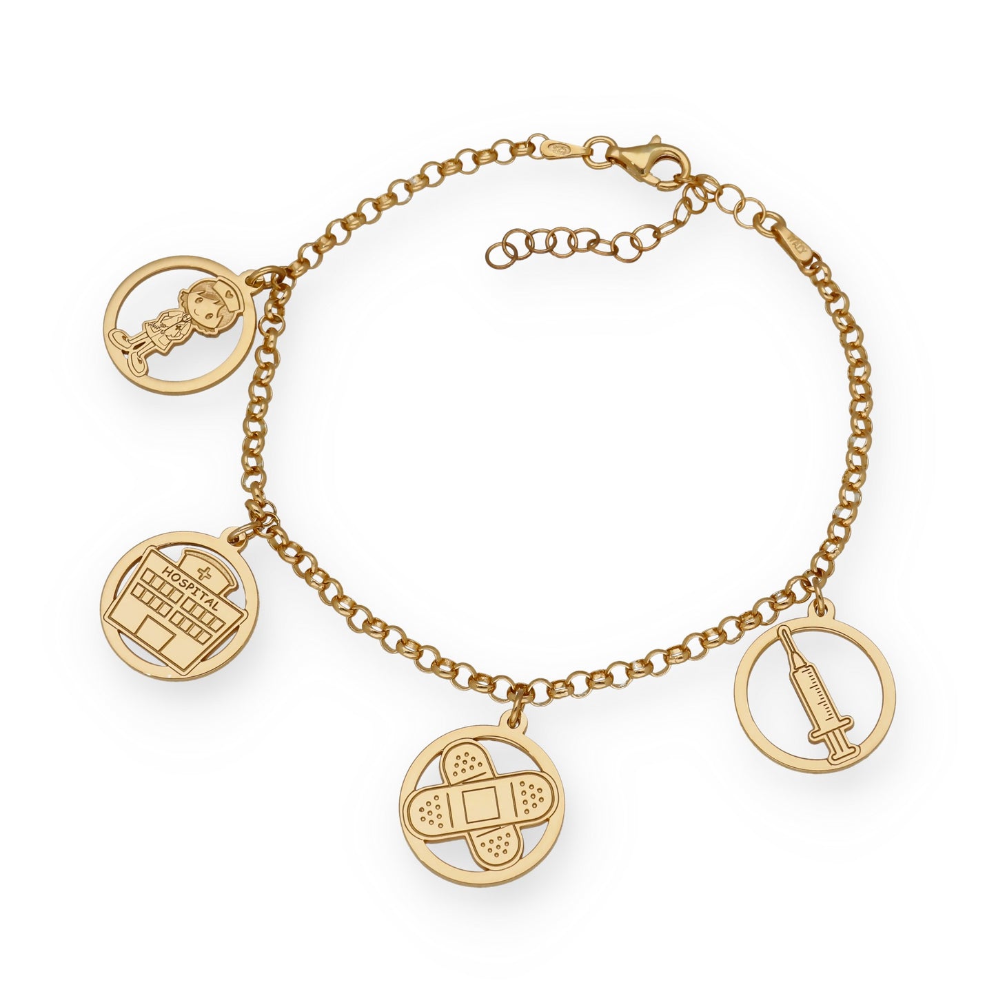 Pulsera Charms de Enfermería en Plata Bañada en Oro 18K