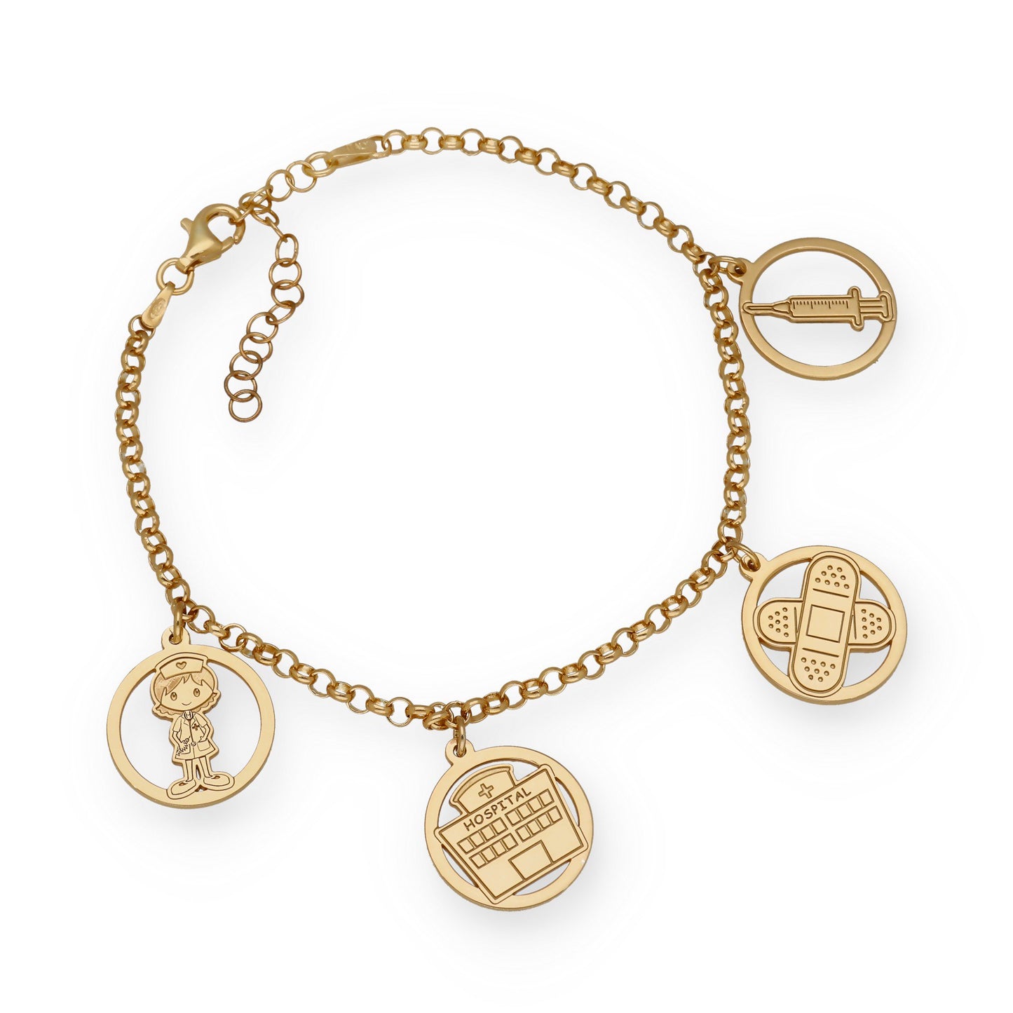 Pulsera Charms de Enfermería en Plata Bañada en Oro 18K