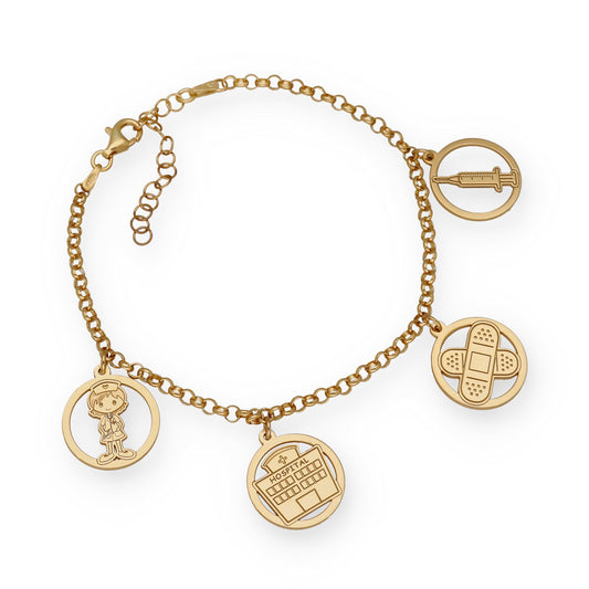 Pulsera Charms de Enfermería en Plata Bañada en Oro 18K