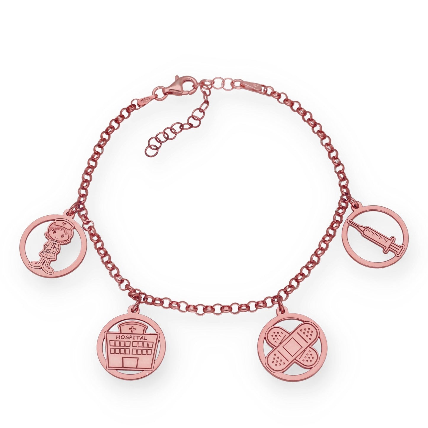 Pulsera Charms de Enfermería en Plata Bañada en Oro Rosa 18K