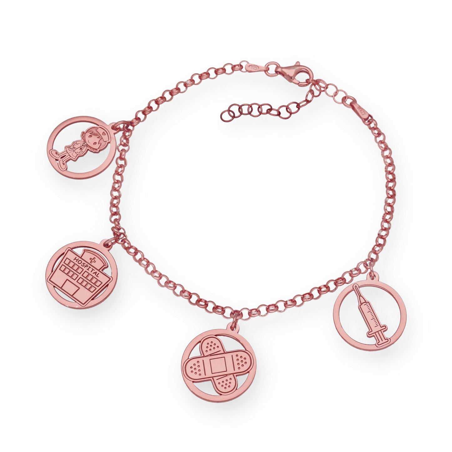 Pulsera Charms de Enfermería en Plata Bañada en Oro Rosa 18K