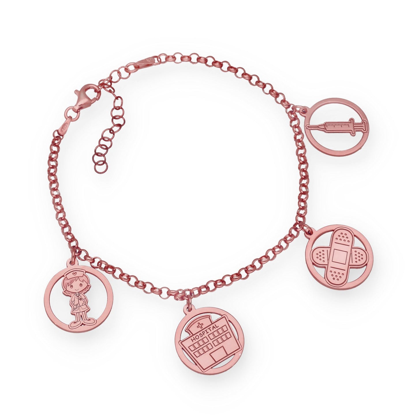 Pulsera Charms de Enfermería en Plata Bañada en Oro Rosa 18K