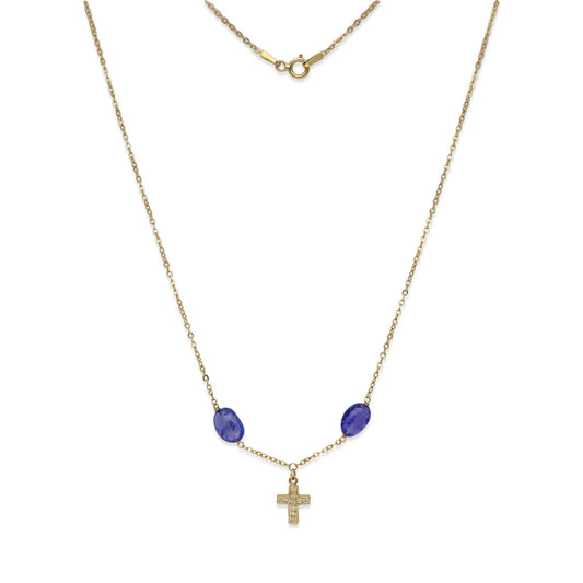 Collar Fe en Oro de Ley 18K con Tanzanitas y Cruz de Diamantes