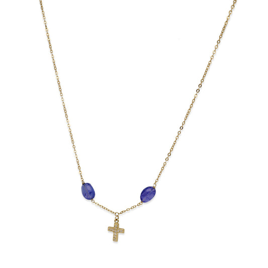 Collar Fe en Oro de Ley 18K con Tanzanitas y Cruz de Diamantes