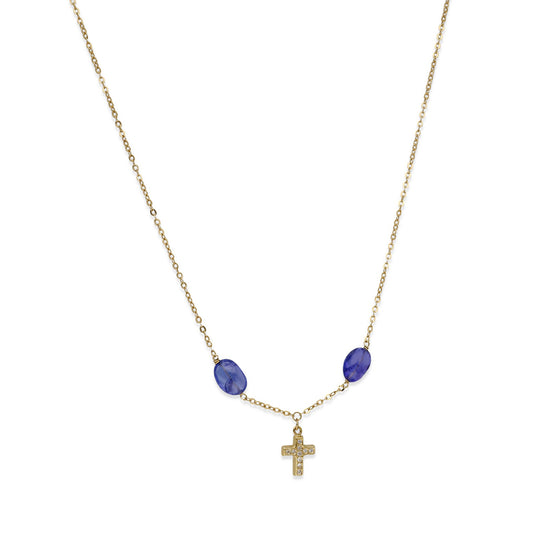 Collar Fe en Oro de Ley 18K con Tanzanitas y Cruz de Diamantes