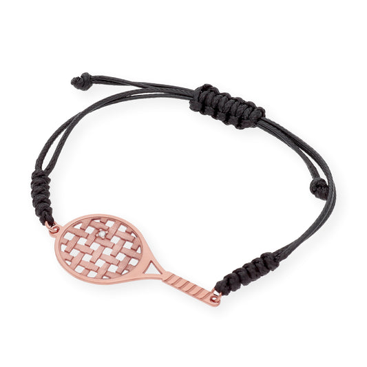 Pulsera Macramé Raqueta de Tenis con Circonita en Plata de Ley 925 Bañada en Oro Rosa de 18K