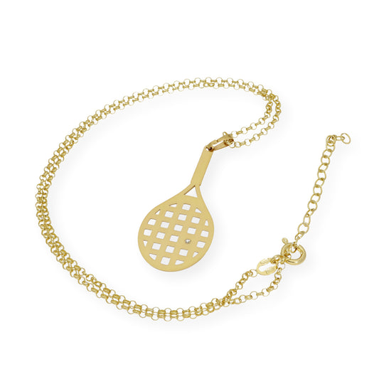 Collar con Colgante Raqueta de Tenis con Circonita en Plata de Ley 925 Bañada en Oro de 18K