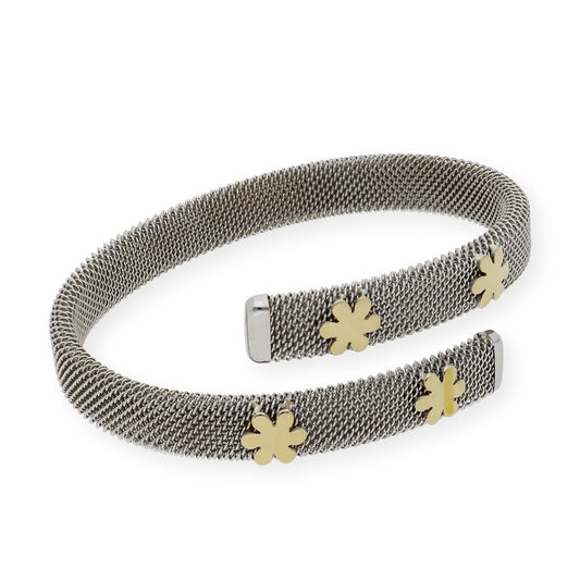 Pulsera Rígida en Acero Entrelazada con Flores en Oro de ley 18k