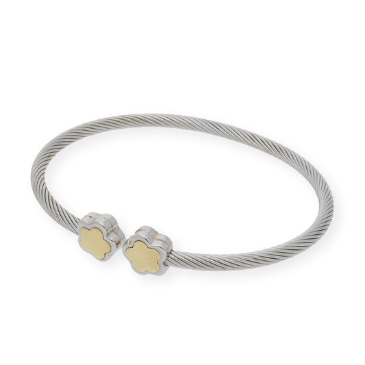 Pulsera Rígida en Acero con dos Flores en Oro de ley 18k