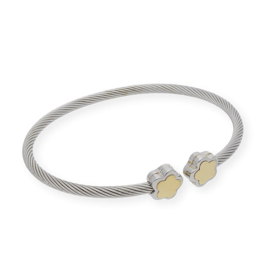 Pulsera Rígida en Acero con dos Flores en Oro de ley 18k