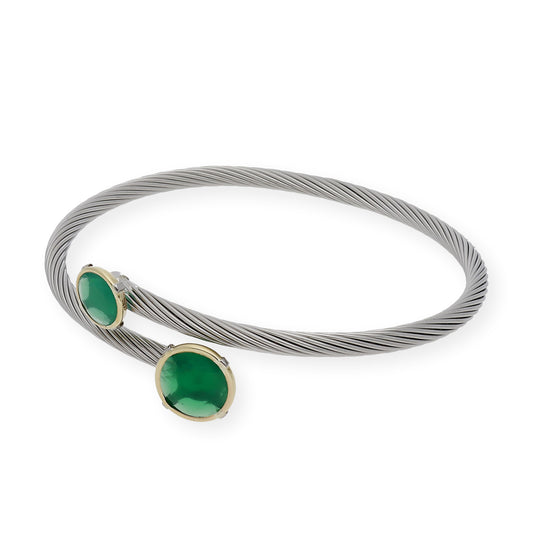 Pulsera Rígida en Acero con Piedra Verde y Filo de Oro 18k