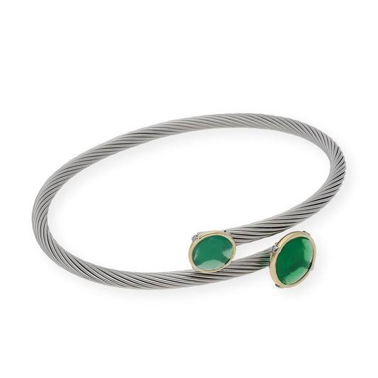 Pulsera Rígida en Acero con Piedra Verde y Filo de Oro 18k