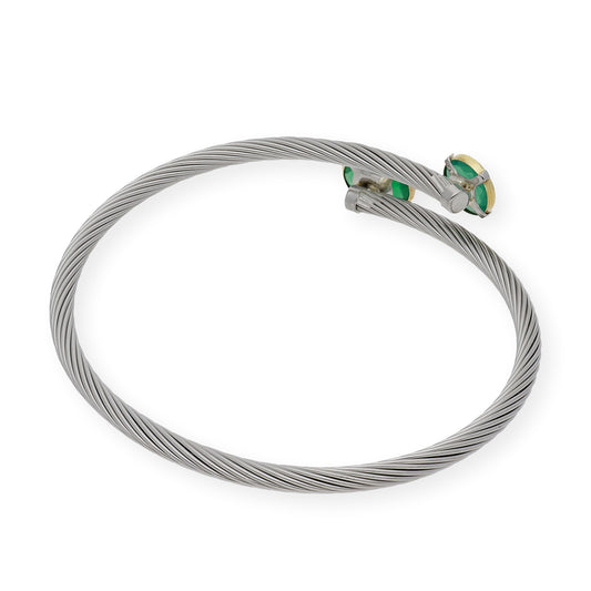 Pulsera Rígida en Acero con Piedra Verde y Filo de Oro 18k