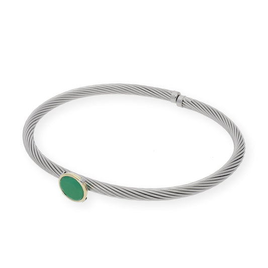 Pulsera Rígida en Acero con Piedra Verde y Filo en Oro de ley 18k