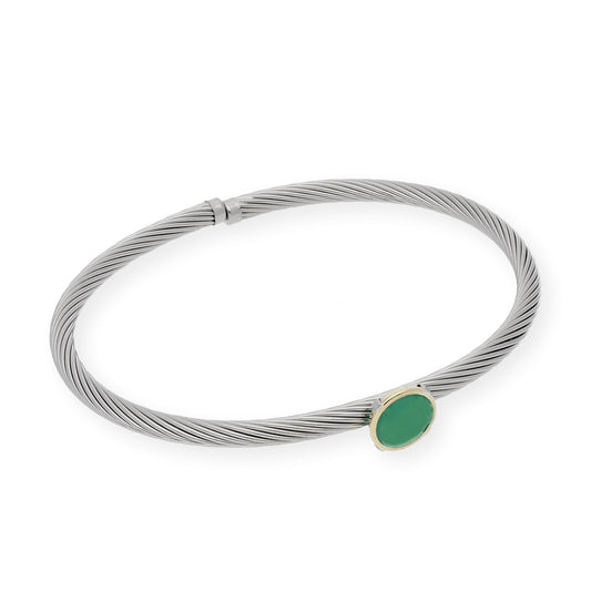 Pulsera Rígida en Acero con Piedra Verde y Filo en Oro de ley 18k