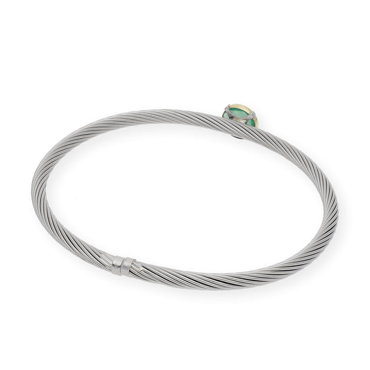 Pulsera Rígida en Acero con Piedra Verde y Filo en Oro de ley 18k