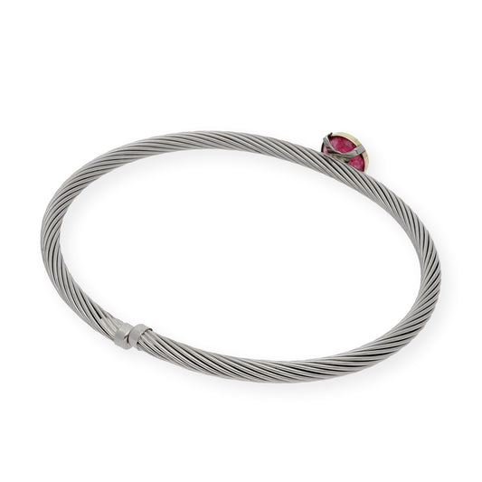 Pulsera Rígida en Acero con Piedra Roja y Filo en Oro de ley 18k