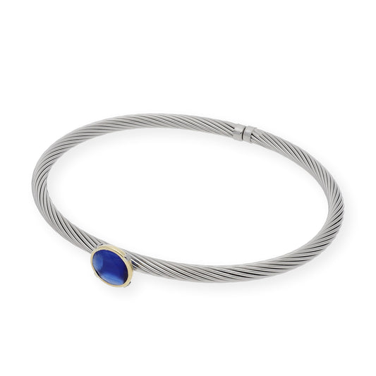 Pulsera Rígida de Acero con Piedra Azul y Filo en Oro de ley 18k