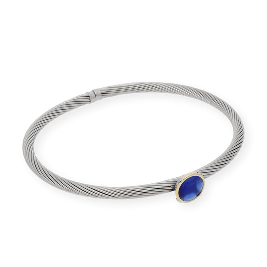Pulsera Rígida de Acero con Piedra Azul y Filo en Oro de ley 18k