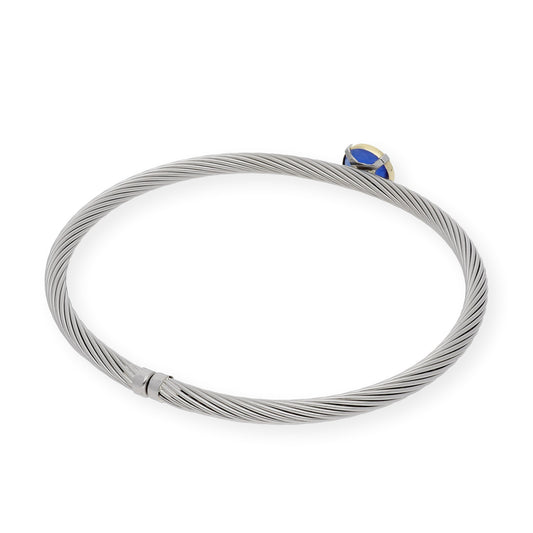 Pulsera Rígida de Acero con Piedra Azul y Filo en Oro de ley 18k