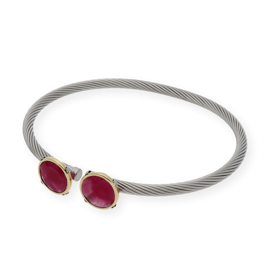 Pulsera Rígida de Acero con Piedra Roja y Filo en Oro de ley 18k