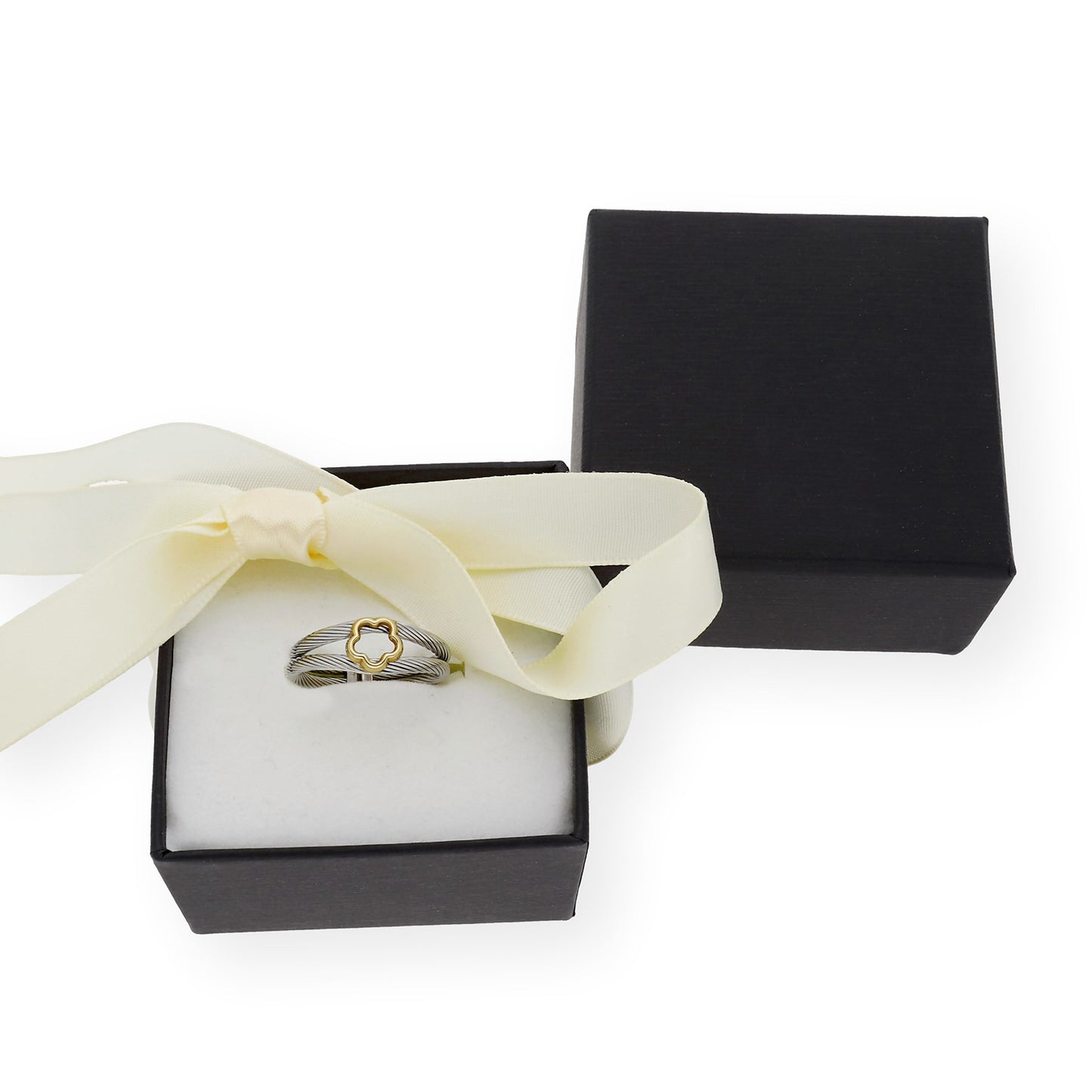 Anillo Flor Calada en Acero y Oro de ley 18k