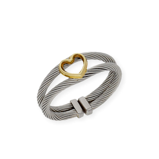 Anillo en Acero con Corazón Calado en Oro de ley 18k