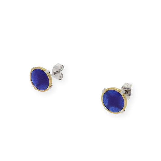 Pendientes Acero con Piedra de Color Azul y Filo en Oro de ley 18k