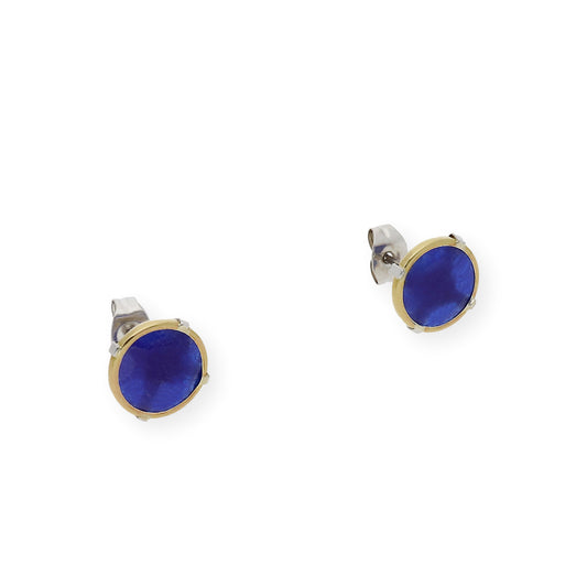 Pendientes Acero con Piedra de Color Azul y Filo en Oro de ley 18k