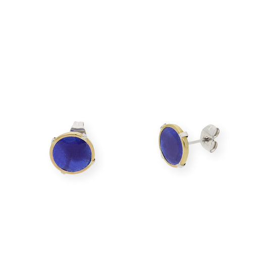 Pendientes Acero con Piedra de Color Azul y Filo en Oro de ley 18k