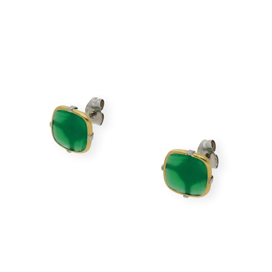Pendientes de Acero con Piedra de Color Verde y Filo en Oro de ley 18k