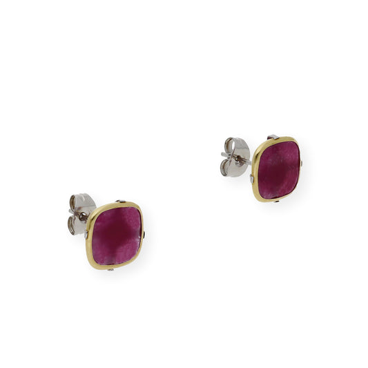 Pendientes en Acero con Piedra de Color Rojo y Filo en Oro de ley 18k